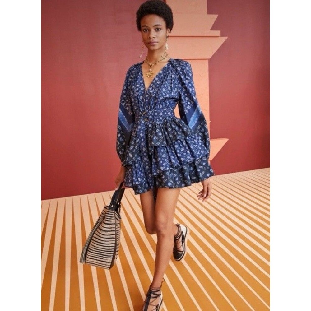 Ulla Johnson Miranda Poplin Chevron Shibori‎ Dress Size 6 Blue Black